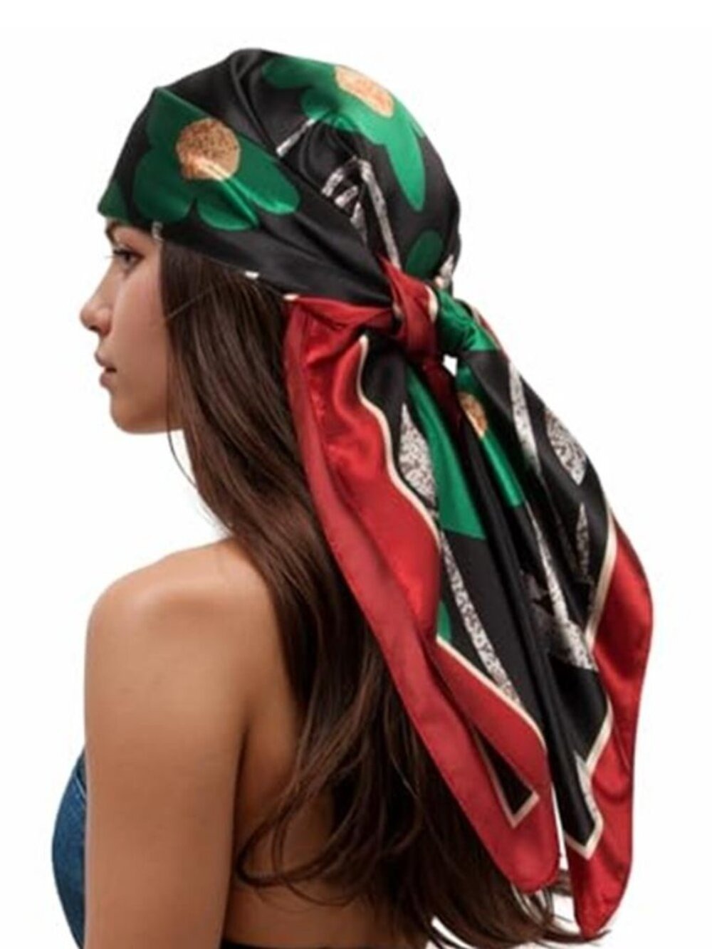 Versatile Silky Scarf Green Red Black